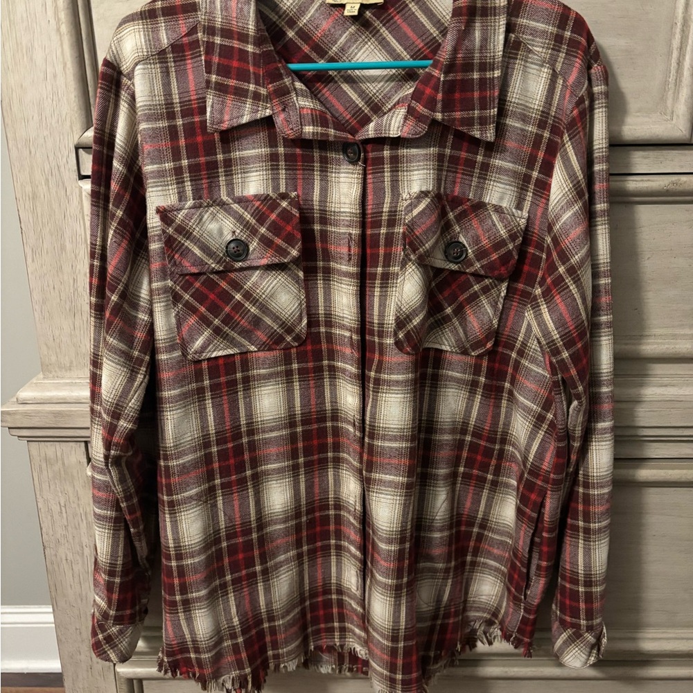 Democracy Red and Cream Casual Button Down Shirt with Pockets